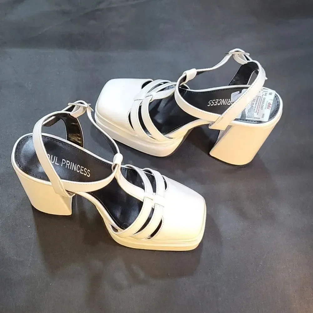 BRAND NEW SOUL PRINCESS PLAIN PLATFORM ANKLE CURVE WIDE HIGH HEEL SANDAL S2